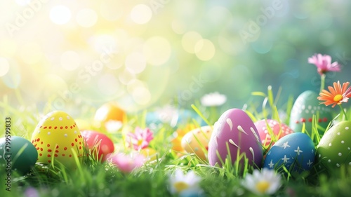Colorful Easter eggs hidden in field with bright flowers on sunny day