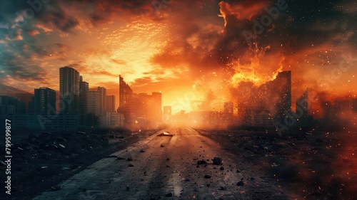 Apocalyptic cityscape with fiery sky and destroyed buildings