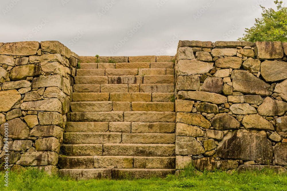 Stone steps on front of remains of Japanese stone fortress in Suncheon, South Korea. Stone steps on front of remains of Japanese stone fortress in Suncheon, South Korea.