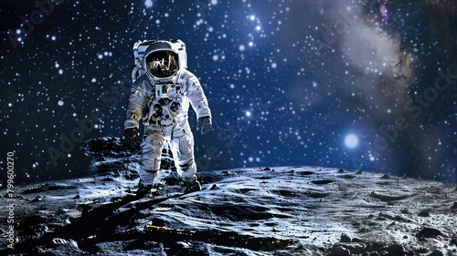Astronaut walking on moon with stars in background