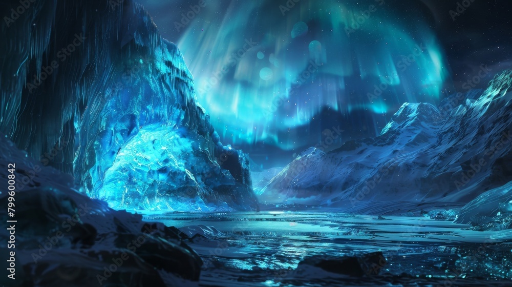 A majestic ice cave with walls of sparkling crystals and an otherworldly blue glow lit up by the dancing colors of the Aurora Borealis . . A majestic ice cave with walls of sparkling crystals and an otherworldly blue glow lit up by the dancing colors of the Aurora Borealis . .