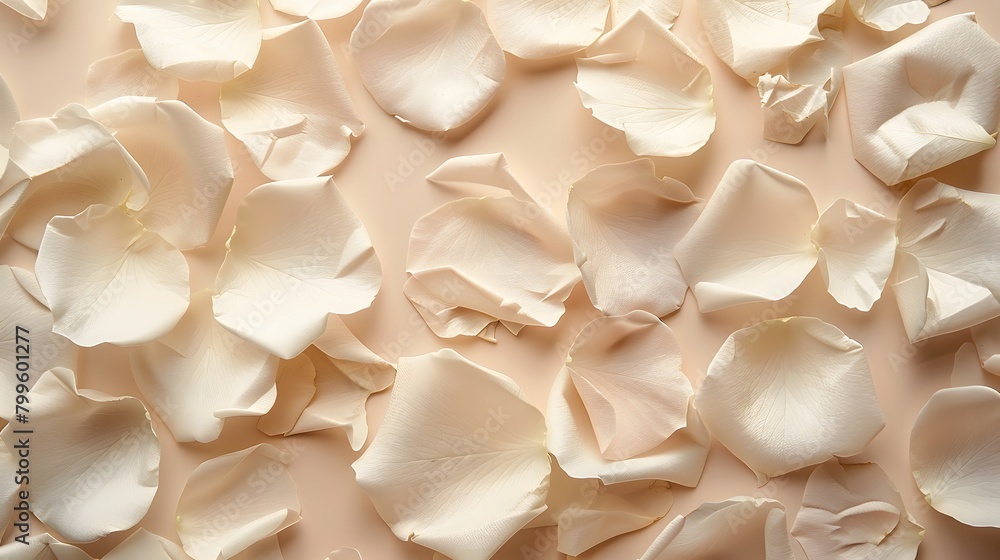 Abstract flower petals in pastel beige embodies beauty and calm. On the beige background, a pattern emerges as white rose petals are scattered, creating an atmosphere that is both elegant and softly. Abstract flower petals in pastel beige embodies beauty and calm. On the beige background, a pattern emerges as white rose petals are scattered, creating an atmosphere that is both elegant and softly.
