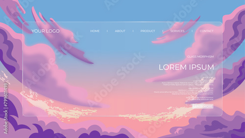 BACKGROUND 85 LANDING PAGE DESIGN WITH GLASSY AND SUNSET CLOUD BACKGROUND MODERN GLASS MORPHISM STYLE