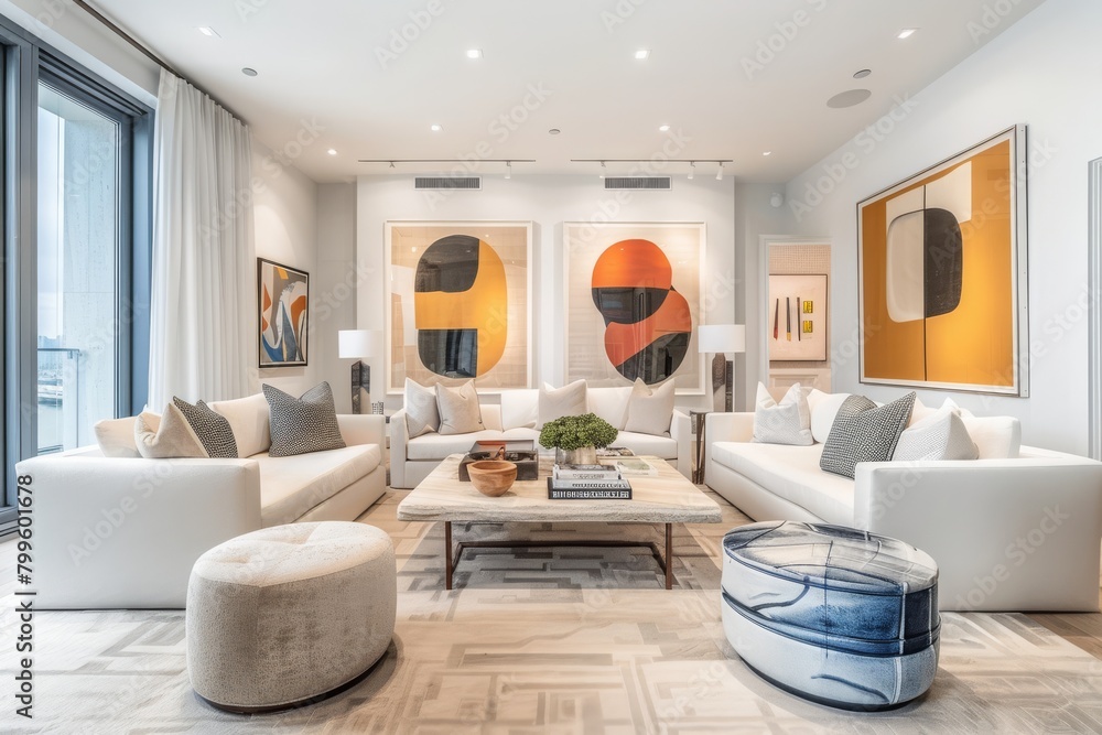 Bright and airy living room adorned with modern artwork Bright and airy living room adorned with modern artwork
