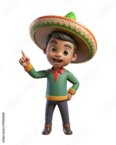 Mexican cute boy points out the finger for advertising, 3D Cartoon for Cinco de Mayo and Day of the Dead Decor, boy with Sombrero