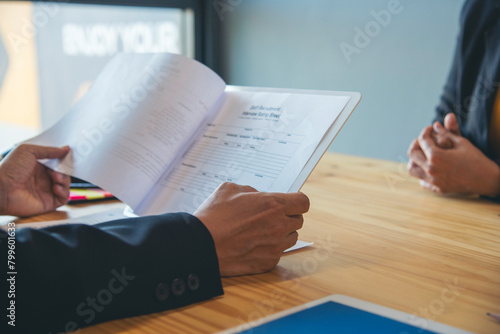 Bilde på lerret Job HR applicants having an interview with Human resource manager jobs interviewing with confident candidate at business firm office give cv resume