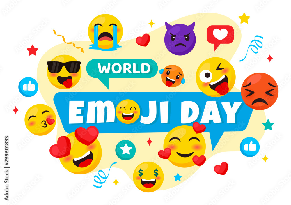World Emoji Day Celebration Vector Illustration with Events and Product Releases in Different Facial Expression Cute Cartoon Background