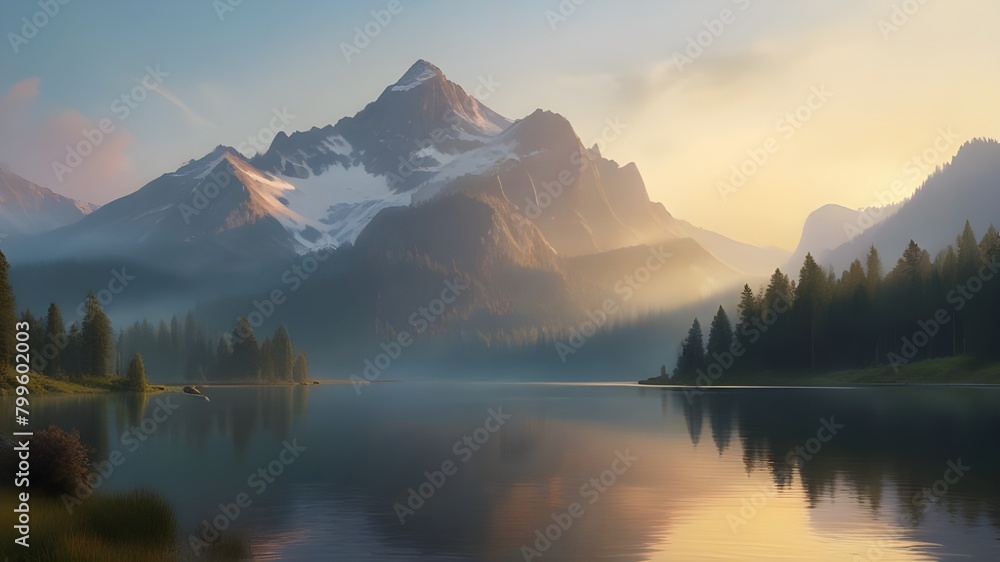 a serene mountain lake at dawn