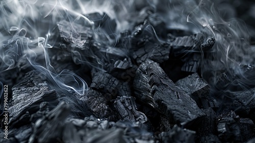 Whispers of smoke rise from smoldering charcoal photo