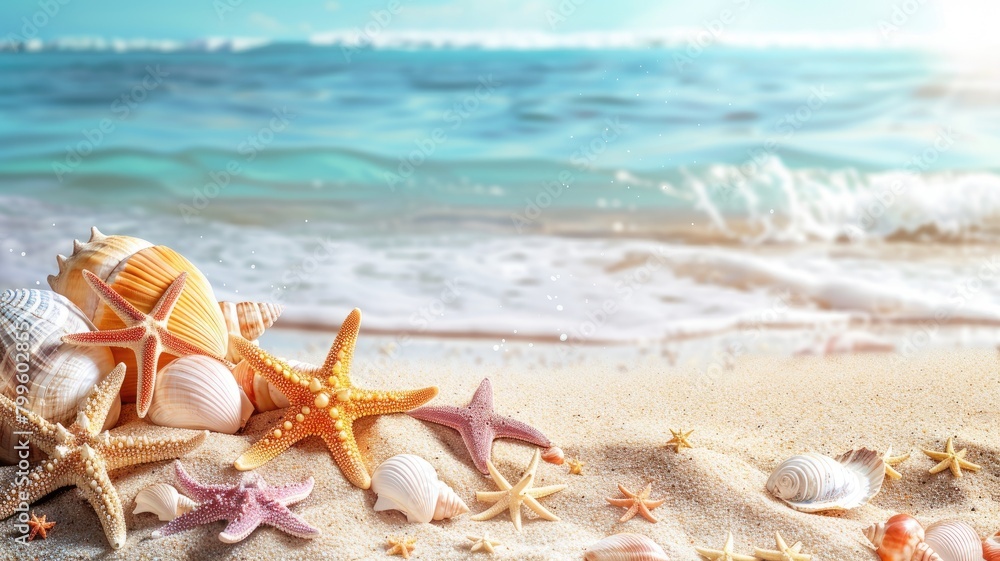 Seashells and starfish on sandy beach with waves in background Seashells and starfish on sandy beach with waves in background