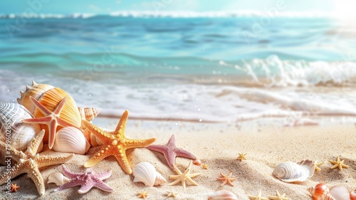 Seashells and starfish on sandy beach with waves in background