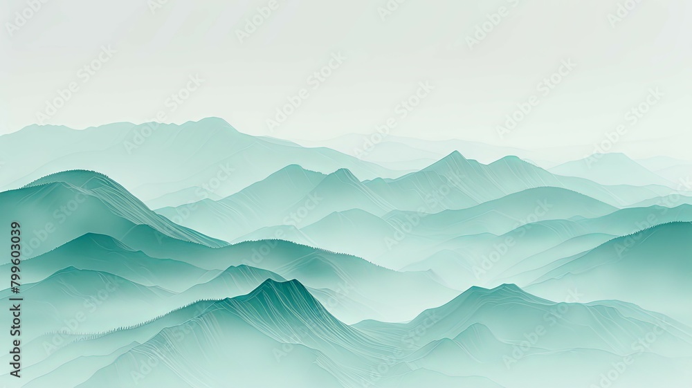 Abstract green mountain landscape illustration - Serene and minimalist digital illustration of layered green mountains, portraying a calm and tranquil nature scene