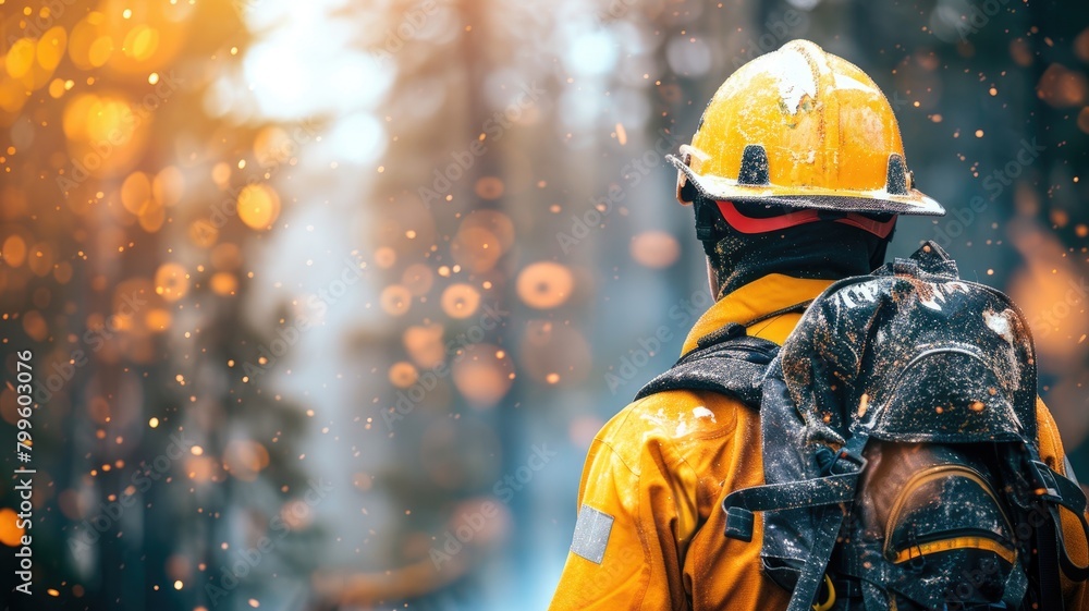 Firefighter in gear facing fire with water droplets Firefighter in gear facing fire with water droplets
