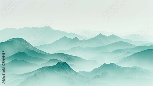 Abstract green mountain landscape illustration - Serene and minimalist digital illustration of layered green mountains, portraying a calm and tranquil nature scene