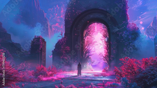 Mystical portal in an enchanted forest setting - This captivating image showcases a mystical portal with a silhouetted figure standing at the entrance, set in an otherworldly forest with vibrant flora