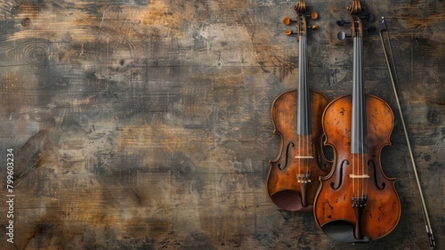 Two violins resting against aged, wooden background with vintage feel © Татьяна Макарова