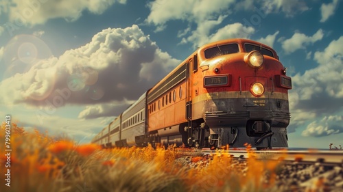 Vintage train approaching on tracks amidst orange flowers during sunny day