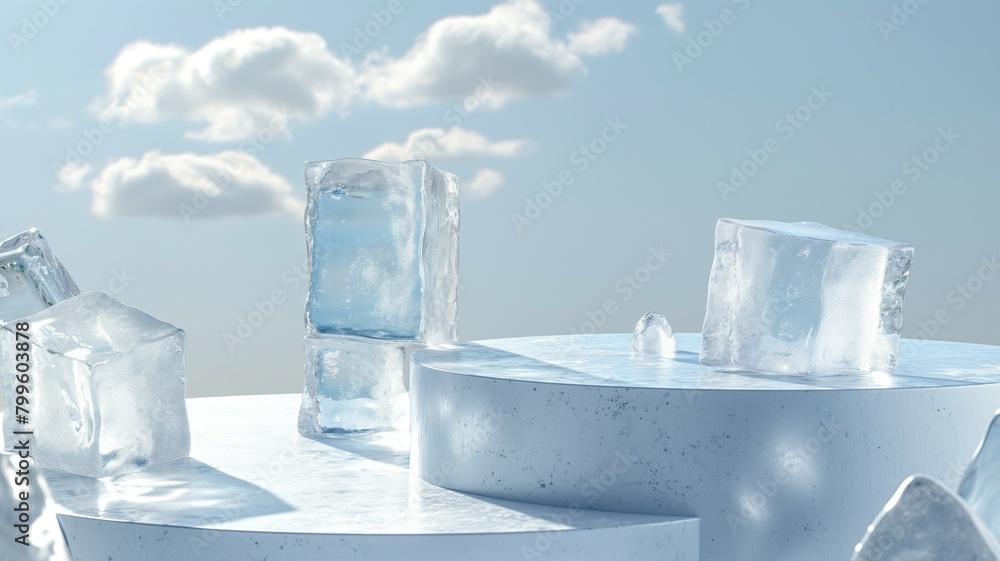 Podium mockup, cool ice cube summer background for product display, 3d render Podium mockup, cool ice cube summer background for product display, 3d render