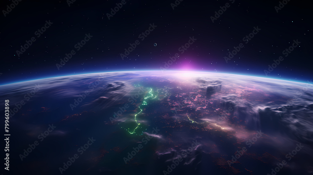 Beautiful view of Earth from space, purple and green Northern Lights Beautiful view of Earth from space, purple and green Northern Lights
