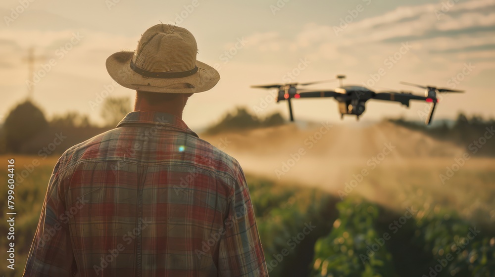 A modern farmer man is operating a quadcopter drone for spraying pesticides in agricultural fields. A modern farmer man is operating a quadcopter drone for spraying pesticides in agricultural fields.