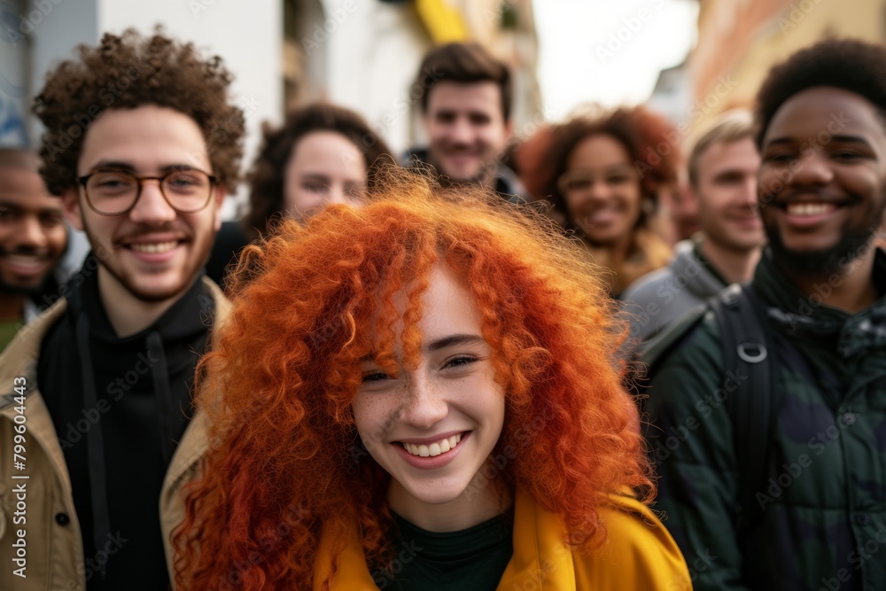 Portrait of a smiling young woman with curly red hair and friends in the background