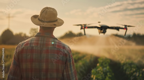 A modern farmer man is operating a quadcopter drone for spraying pesticides in agricultural fields. photo