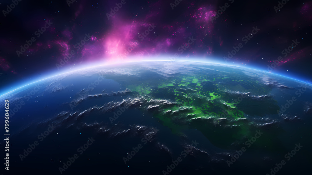 Beautiful view of Earth from space, purple and green Northern Lights