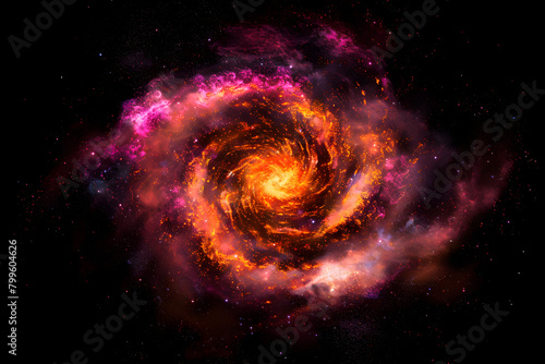 Radiant neon galaxy with orange and pink celestial elements. Hypnotic artwork on black background.