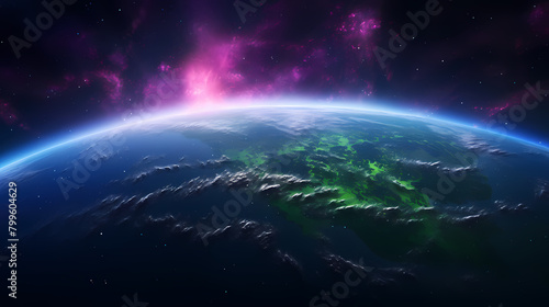 Beautiful view of Earth from space  purple and green Northern Lights