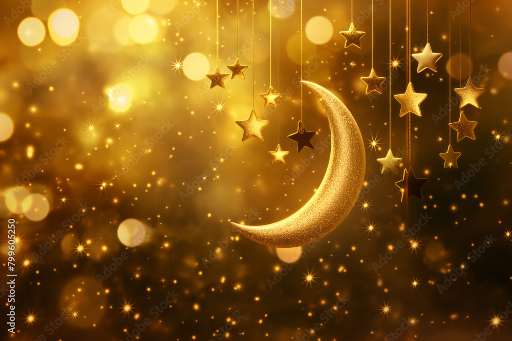 3d illustration of crescent moon with hanging golden stars. Generative AI 3d illustration of crescent moon with hanging golden stars. Generative AI