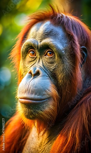 Portrait of an adult orangutan in the rainforest