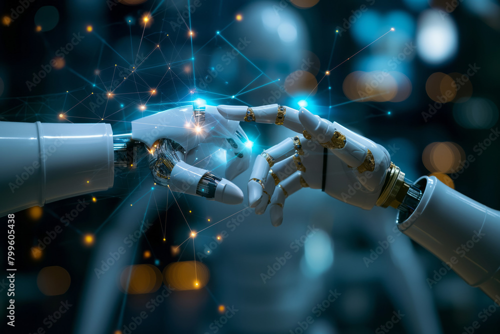 AI, Machine learning, Hands of robot and human touching on big data network connection, Data exchange, deep learning. Generative AI AI, Machine learning, Hands of robot and human touching on big data network connection, Data exchange, deep learning. Generative AI