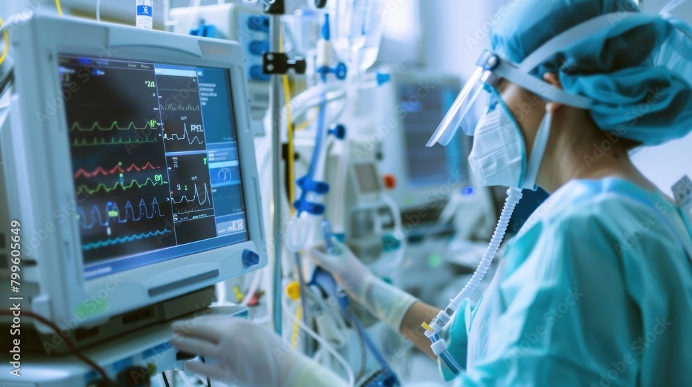 Artificial lung ventilation monitor in the intensive care unit. Nurse with medical equipment. Ventilation of the lungs with oxygen . Ai generated Artificial lung ventilation monitor in the intensive care unit. Nurse with medical equipment. Ventilation of the lungs with oxygen . Ai generated