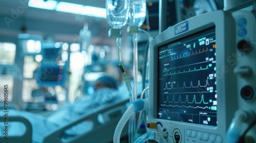 Artificial lung ventilation monitor in the intensive care unit. Nurse with medical equipment. Ventilation of the lungs with oxygen . Ai generated