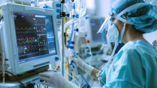 Artificial lung ventilation monitor in the intensive care unit. Nurse with medical equipment. Ventilation of the lungs with oxygen . Ai generated