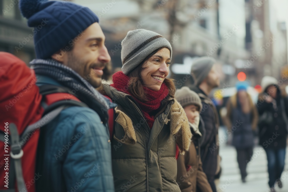 Group of friends walking in the city in winter. Focus on the man