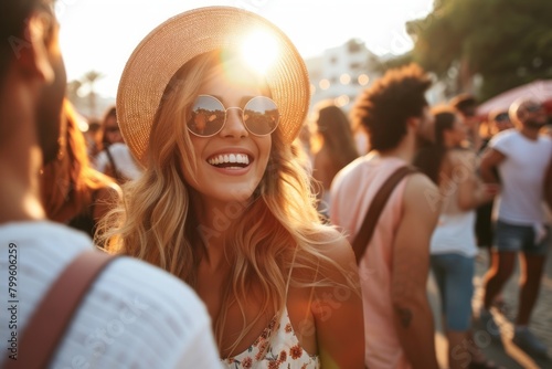 Beautiful young woman in a hat and sunglasses on the background of a crowd of people