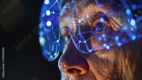 A closeup of an aging individual wearing a noninvasive brain stimulation cap designed to improve memory and cognitive function.. photo