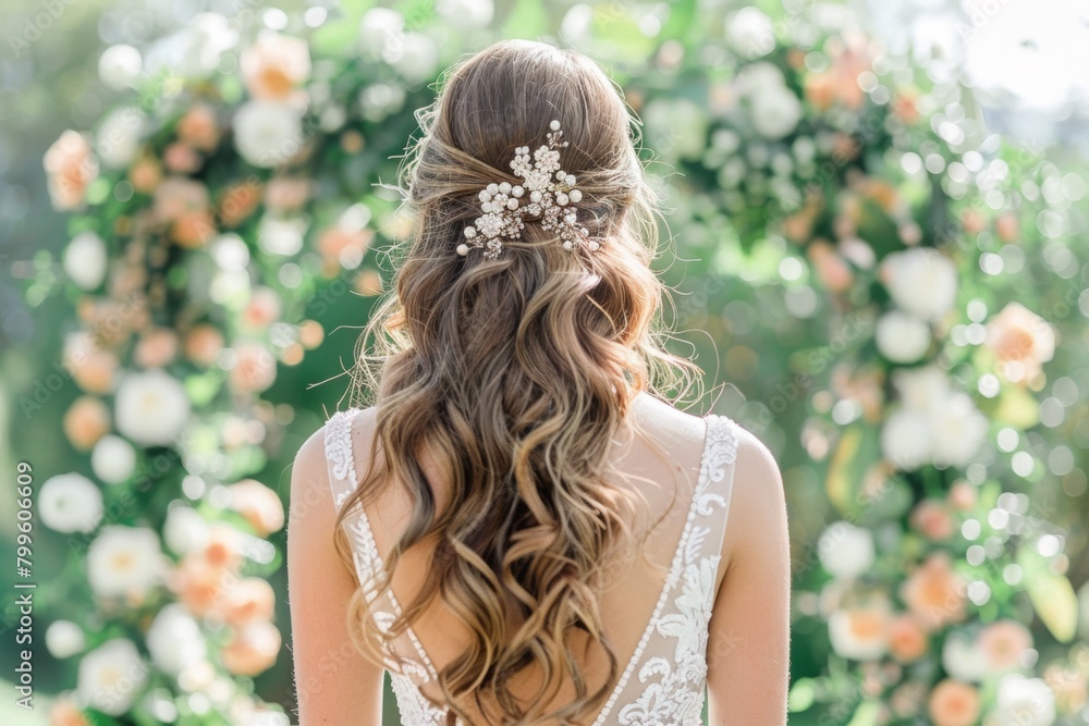 Naklejka premium Back View of Bride with Floral Hair Accessory at Outdoor Wedding. Bridal Hairstyle