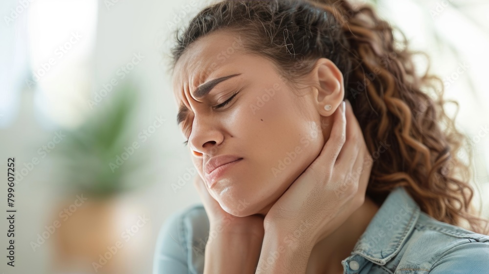 Young Woman Feeling Throat Pain, Health Concern Young Woman Feeling Throat Pain, Health Concern