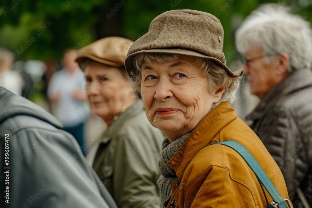 Portrait of an elderly woman in a cap on the street.