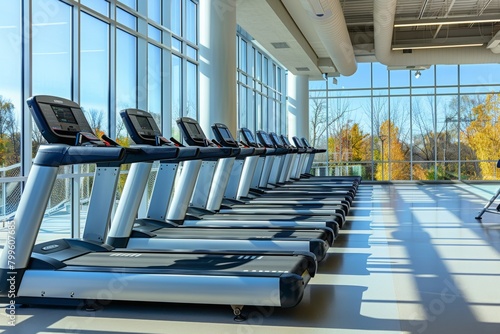Modern Gym Interior with Row of Treadmills photo