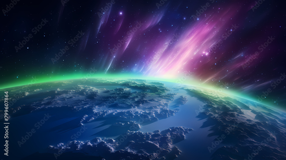 Beautiful view of Earth from space, purple and green Northern Lights