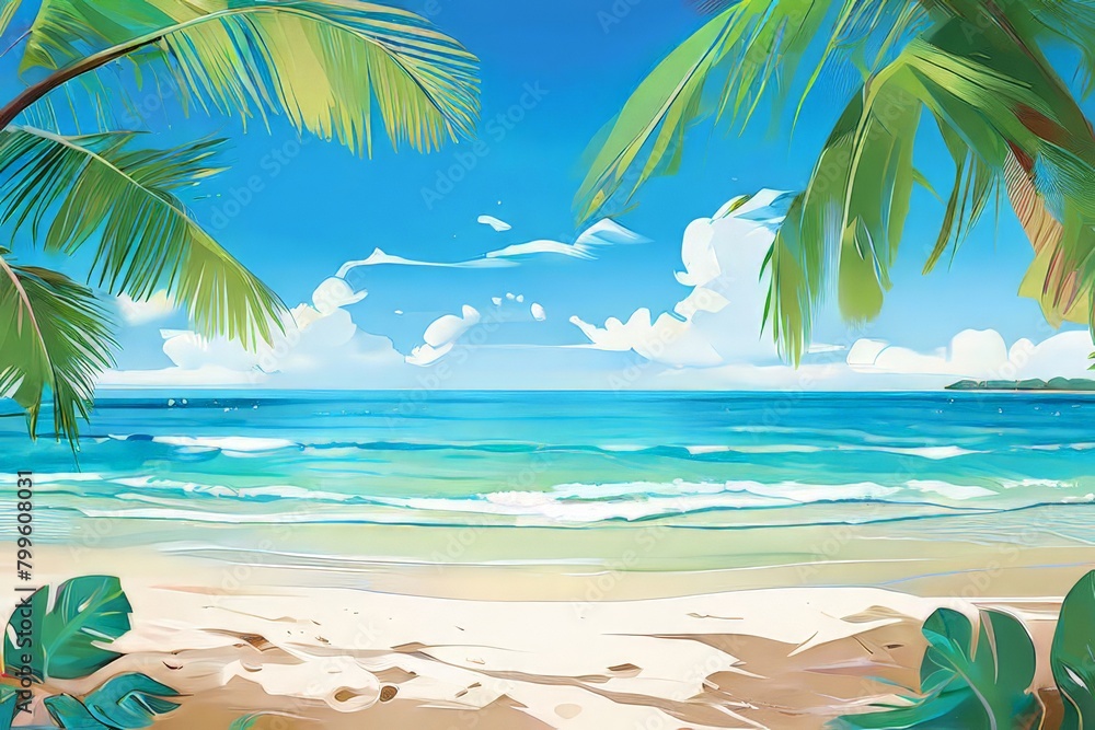 Obraz premium palm tree green leaves turquoise ocean water blue sky sun white cloud yellow sand summer holidays