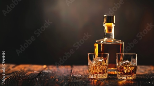 Bottle and glasses of whiskey on wooden surface with warm, dark background