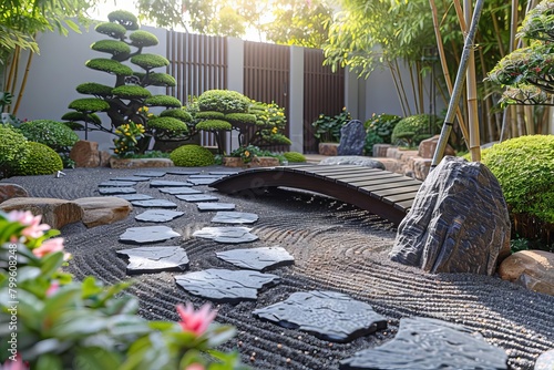 Zen garden with raked sand, smooth stones, and a small wooden bridge