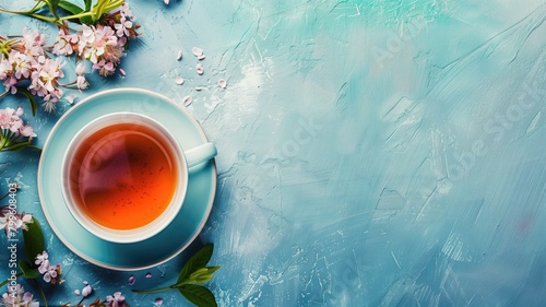 Cup of tea surrounded by pink flowers on blue textured background