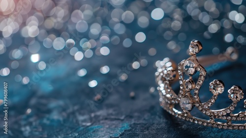 Elegant crown with sparkling jewels on shimmering blue background