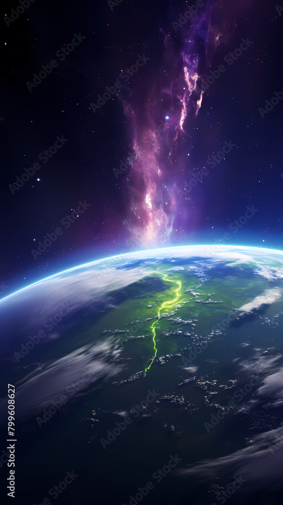 Beautiful view of Earth from space, purple and green Northern Lights Beautiful view of Earth from space, purple and green Northern Lights