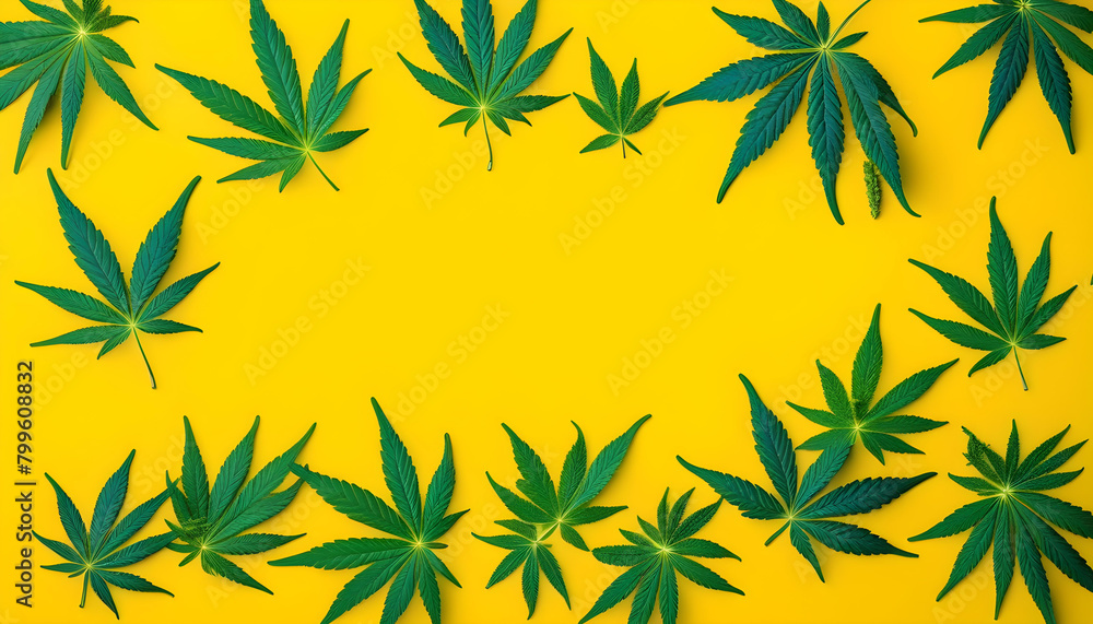 A close-up of cannabis leaves arranged in a frame on a bright yellow background